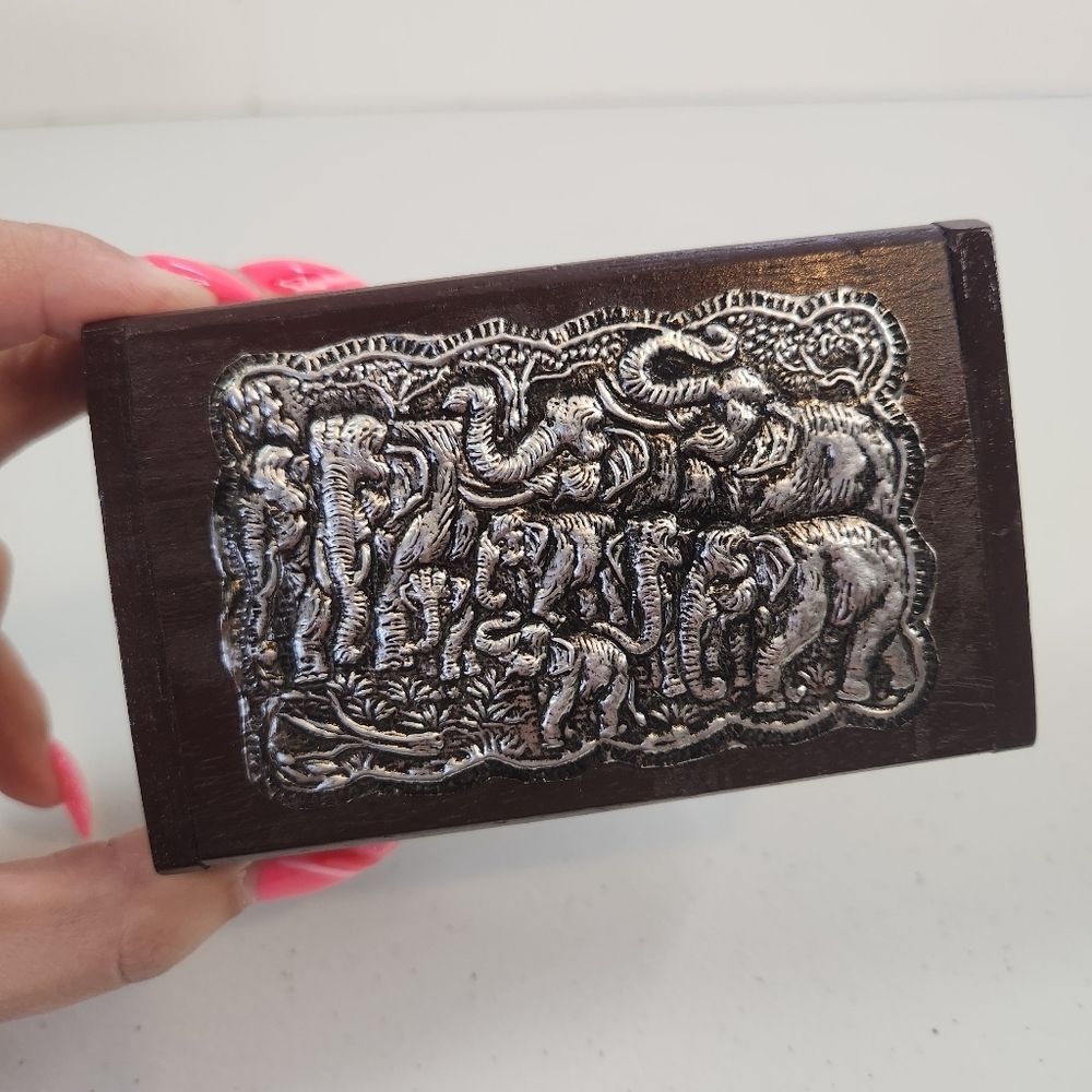 Vintage Elephant Silver Tone Wood Trinket Box Eclectic Boho Home Decor